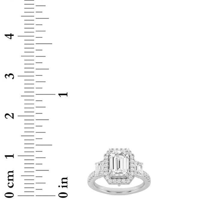 3Cttw Emerald Shaped Lab Grown Diamond (F/VVS) Three Stone Accented Engagement Ring in 14K Gold
