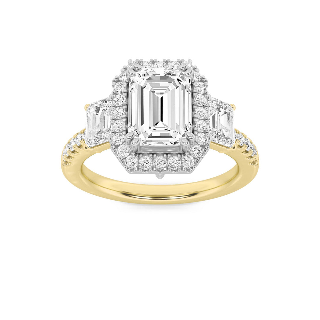 3Cttw Emerald Shaped Lab Grown Diamond (G/VS) Three Stone Accented Engagement Ring in 14K Gold