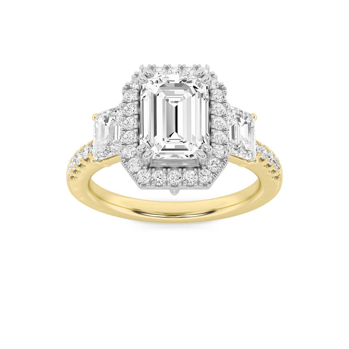 3Cttw Emerald Shaped Lab Grown Diamond (G/VS) Three Stone Accented Engagement Ring in 14K Gold