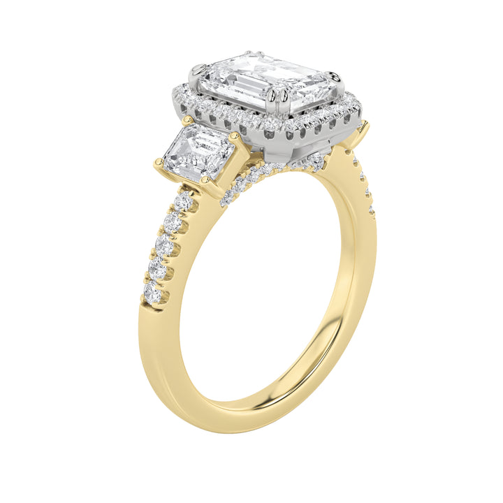 3Cttw Emerald Shaped Lab Grown Diamond (G/VS) Three Stone Accented Engagement Ring in 14K Gold