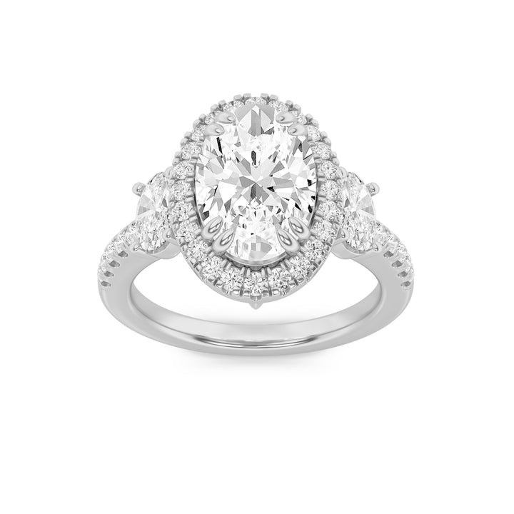 3Cttw Oval Shaped Lab Grown Diamond (G/VS) Three Stone Accented Engagement Ring in 14K Gold