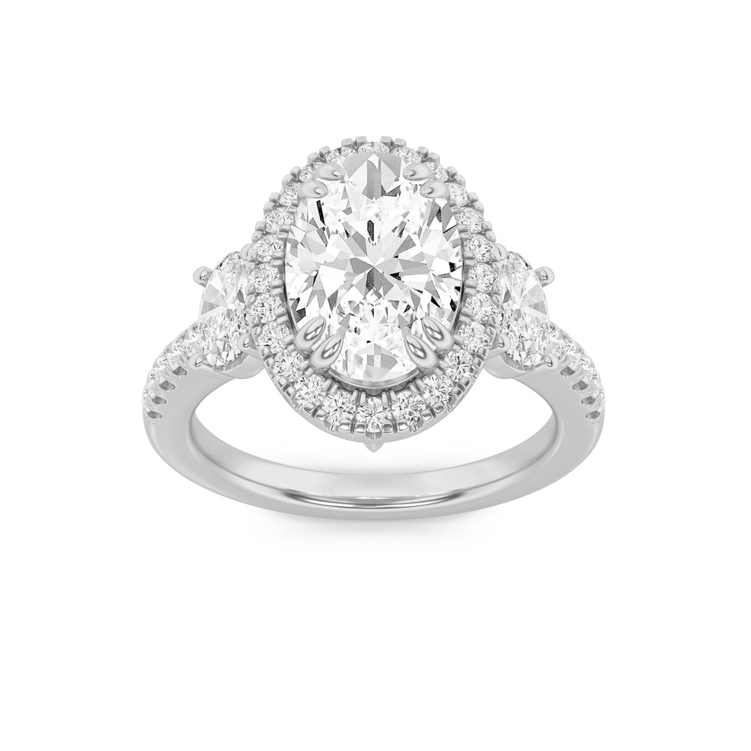 3Cttw Oval Shaped Lab Grown Diamond (F/VVS) ThreeStone Accented Engagement Ring in 14K Gold