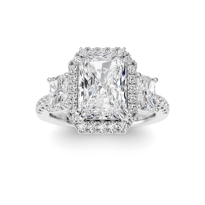 3Cttw Radiant Shaped Lab Grown Diamond (F/VS) Accented Three Stone Ring in 14K Gold
