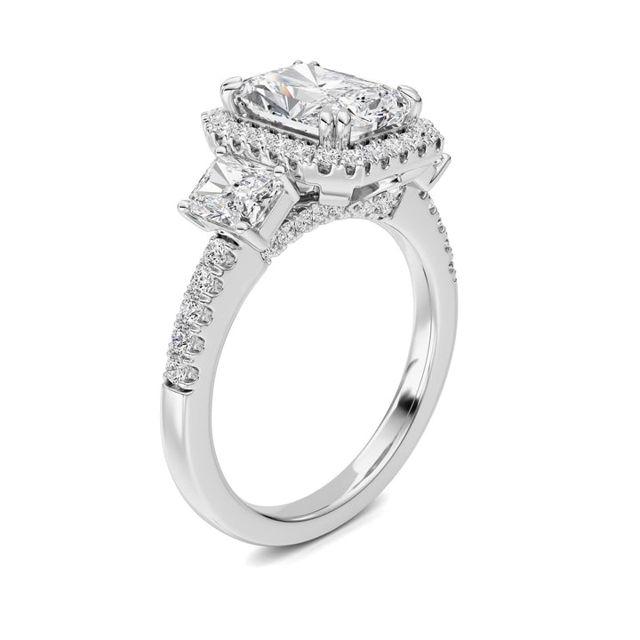 3Cttw Radiant Shaped Lab Grown Diamond (F/VS) Accented Three Stone Ring in 14K Gold