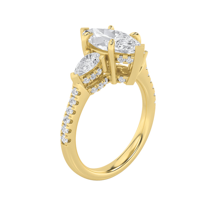 3Cttw Marquise Shaped Lab Grown Diamond (F/VS) Three Stone Accented Engagement Ring in 14K Gold