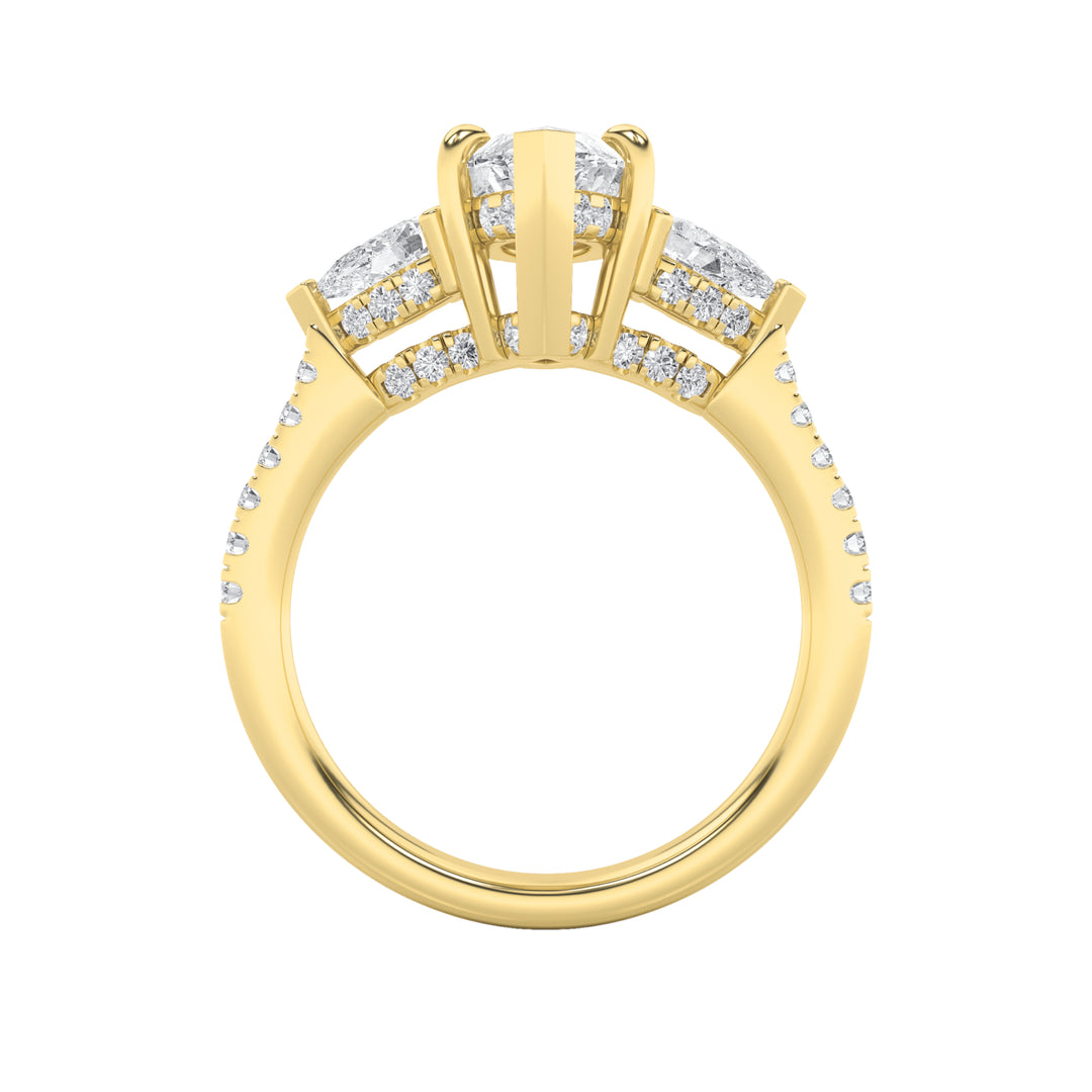 3Cttw Marquise Shaped Lab Grown Diamond (F/VS) Three Stone Accented Engagement Ring in 14K Gold