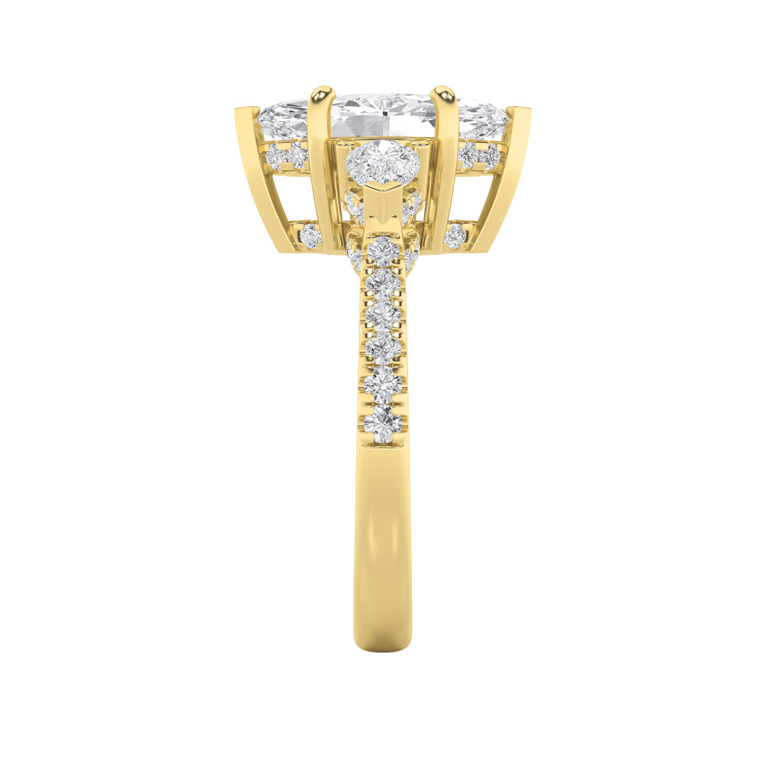 3Cttw Marquise Shaped Lab Grown Diamond (F/VS) Three Stone Accented Engagement Ring in 14K Gold