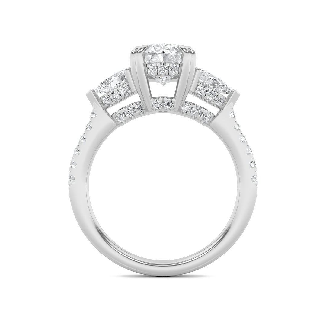 3Cttw Oval Shaped Lab Grown Diamond (F/VS) Three Stone Accented Engagement Ring in 14K Gold