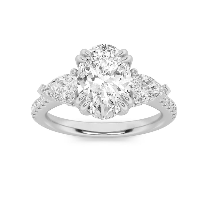 3Cttw Oval Shaped Lab Grown Diamond (G/VS) Three Stone Accented Engagement Ring in 14K Gold