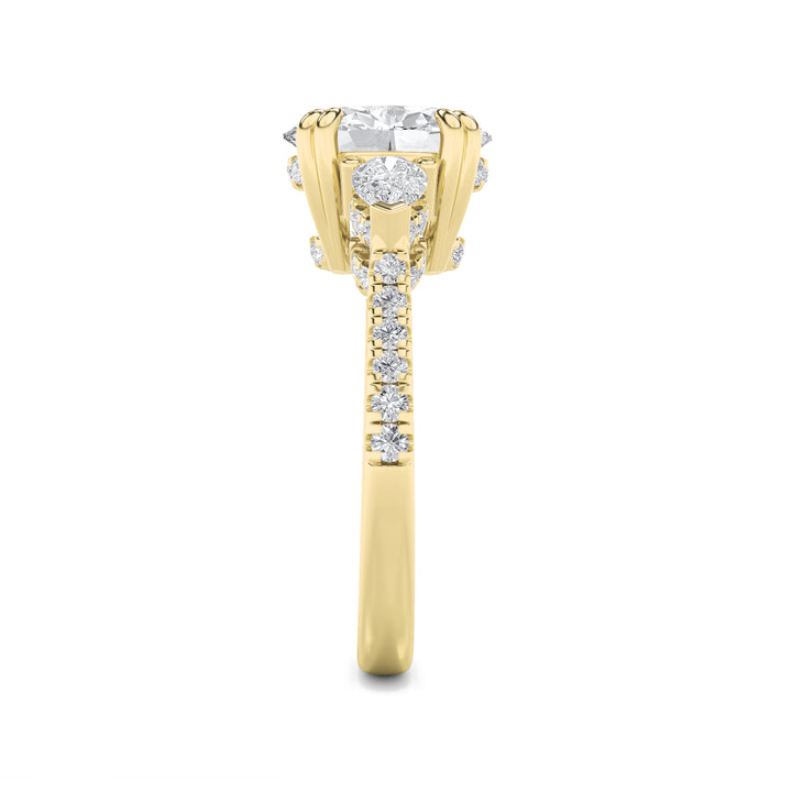 3Cttw Oval Shaped Lab Grown Diamond (F/VS) Three Stone Accented Engagement Ring in 14K Gold