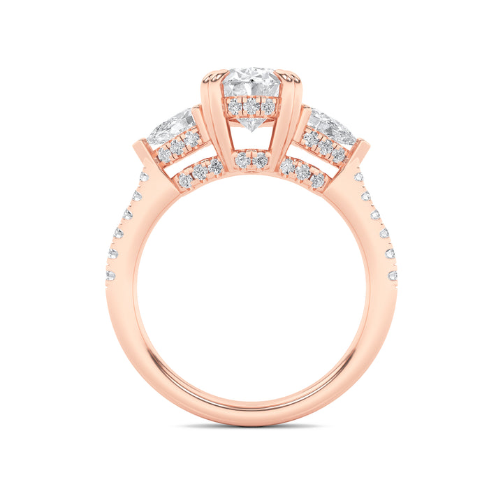 3Cttw Oval Shaped Lab Grown Diamond (F/VS) Three Stone Accented Engagement Ring in 14K Gold