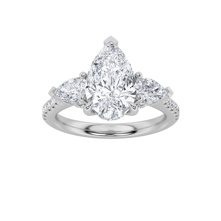 3Cttw Pear Shaped Lab Grown Diamond (F/VS) Three Stone Accented Engagement Ring in 14K Gold