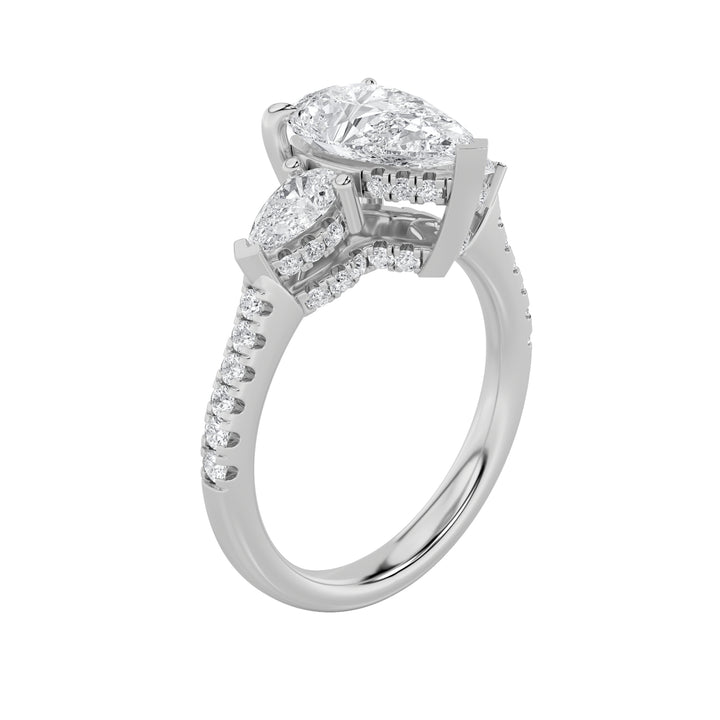3Cttw Pear Shaped Lab Grown Diamond (F/VS) Three Stone Accented Engagement Ring in 14K Gold