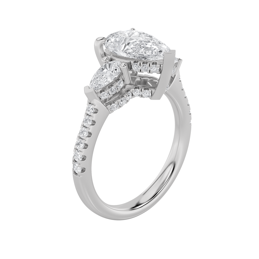 3Cttw Pear Shaped Lab Grown Diamond (F/VS) Three Stone Accented Engagement Ring in 14K Gold
