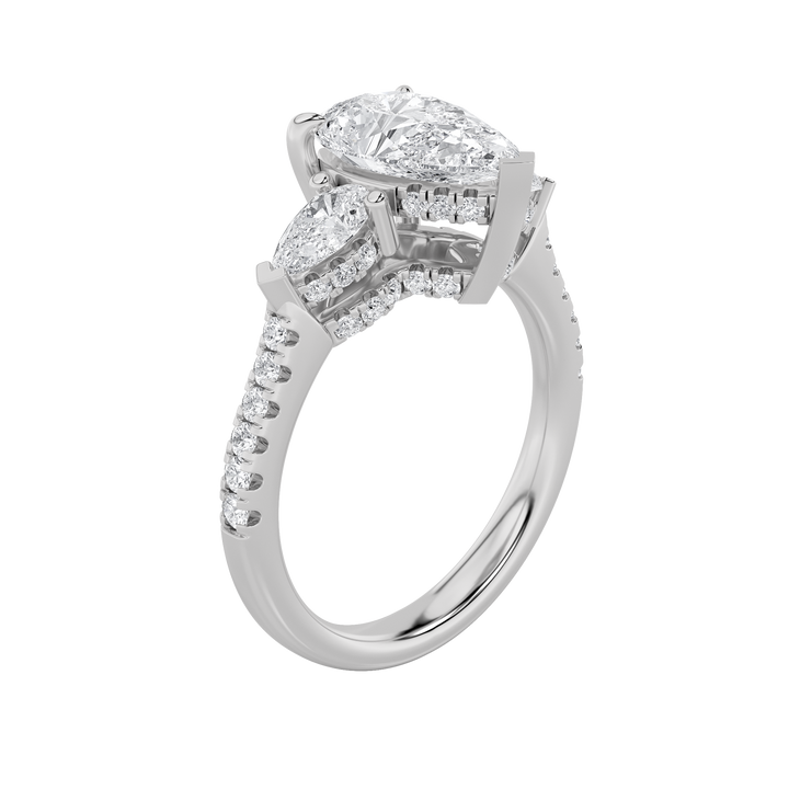 3Cttw Pear Shaped Lab Grown Diamond (F/VS) Three Stone Accented Engagement Ring in 14K Gold