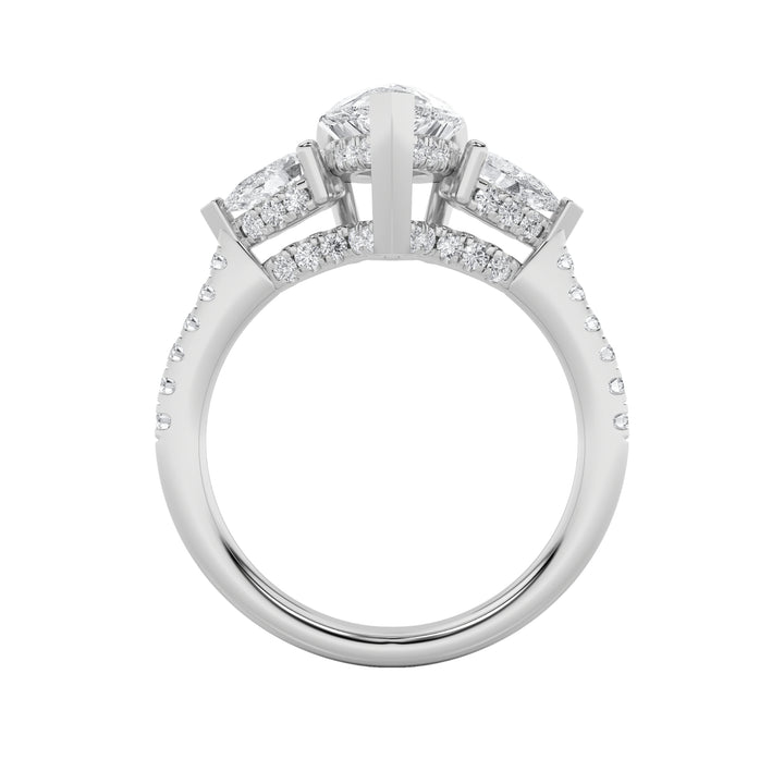 3Cttw Pear Shaped Lab Grown Diamond (F/VS) Three Stone Accented Engagement Ring in 14K Gold