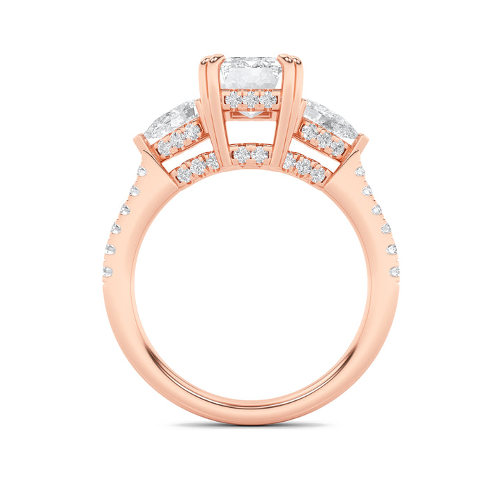 3Cttw Radiant Shaped Lab Grown Diamond (F/VS) Accented Three Stone Ring in 14K Gold