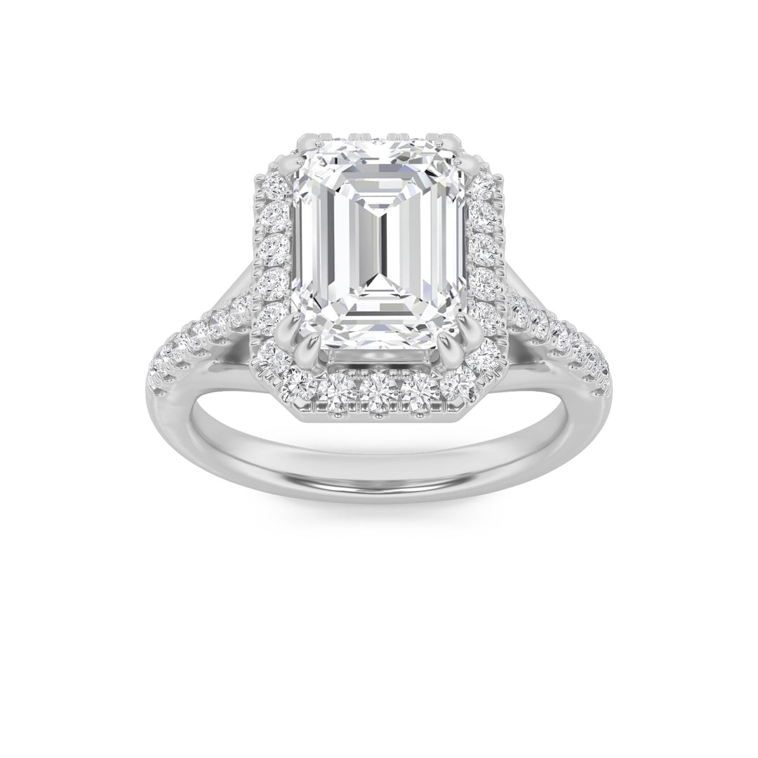 3Cttw Emerald Shaped Lab Grown Diamond (F/VS) Halo Accented Engagement Ring in 14K Gold
