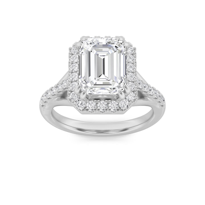 3Cttw Emerald Shaped Lab Grown Diamond (F/VS) Halo Accented Engagement Ring in 14K Gold
