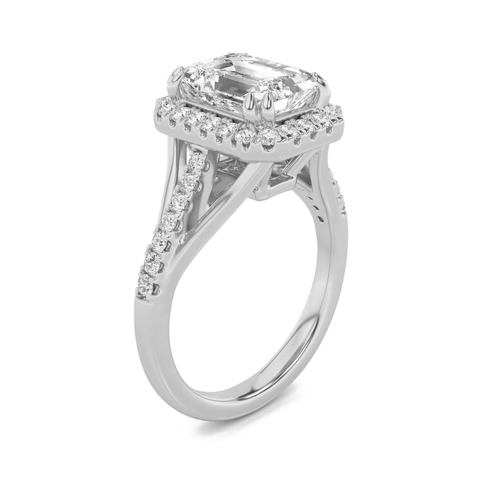 3Cttw Emerald Shaped Lab Grown Diamond (F/VS) Halo Accented Engagement Ring in 14K Gold