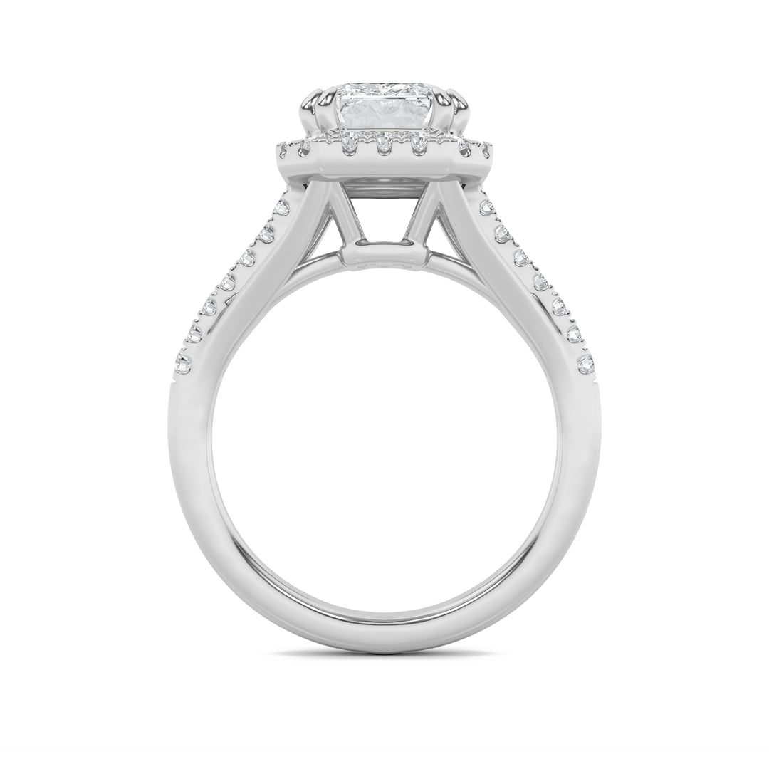 3Cttw Emerald Shaped Lab Grown Diamond (F/VS) Halo Accented Engagement Ring in 14K Gold
