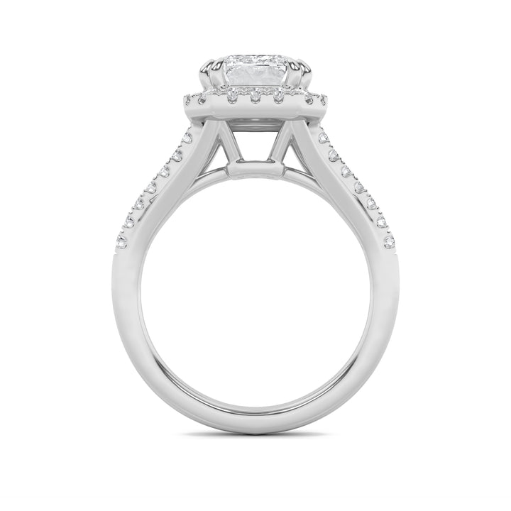 3Cttw Emerald Shaped Lab Grown Diamond (F/VS) Halo Accented Engagement Ring in 14K Gold