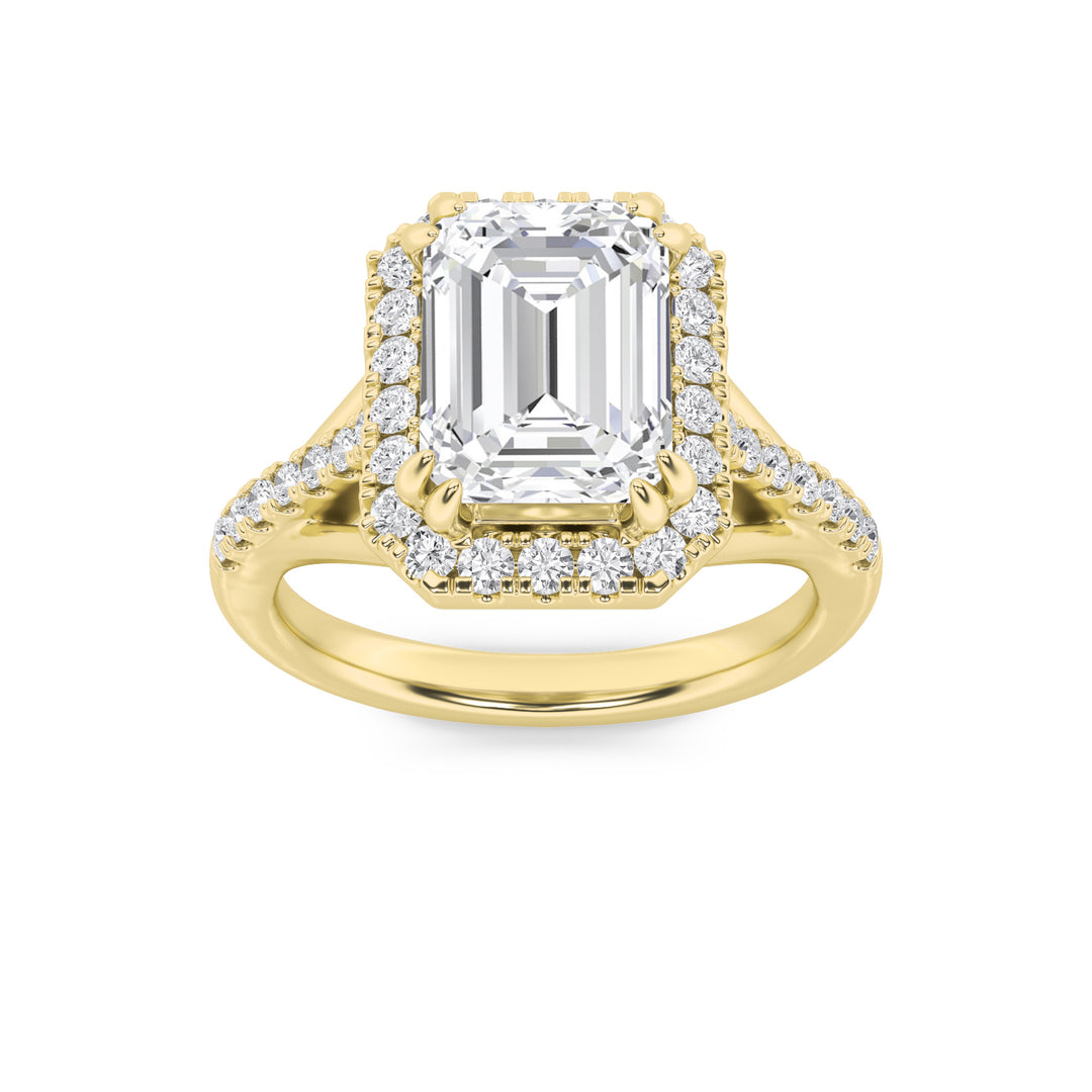 3Cttw Emerald Shaped Lab Grown Diamond (F/VS) Halo Accented Engagement Ring in 14K Gold