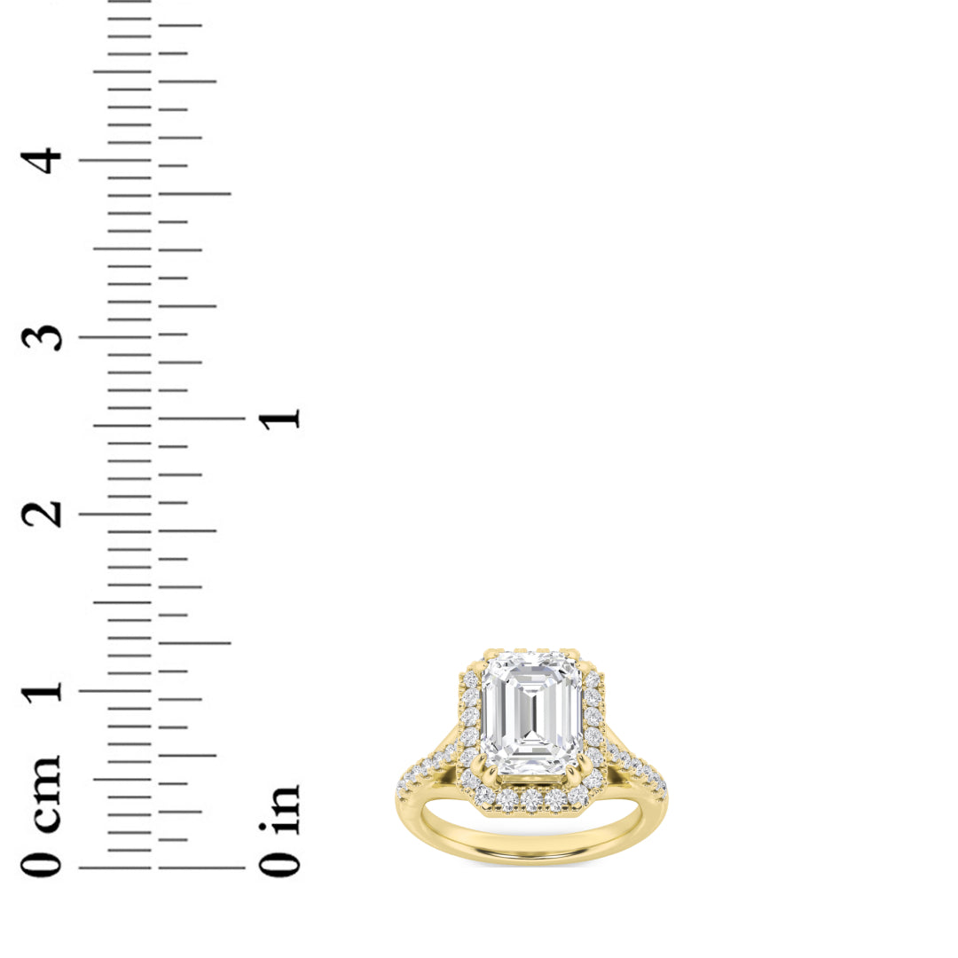 3Cttw Emerald Shaped Lab Grown Diamond (F/VS) Halo Accented Engagement Ring in 14K Gold