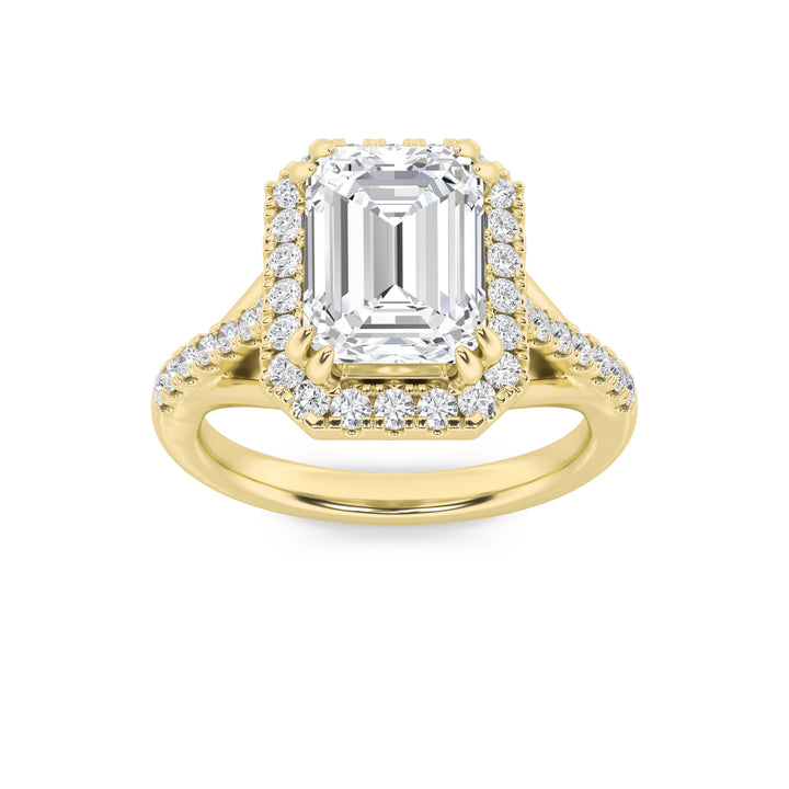 3Cttw Emerald Shaped Lab Grown Diamond (F/VS) Halo Accented Engagement Ring in 14K Gold