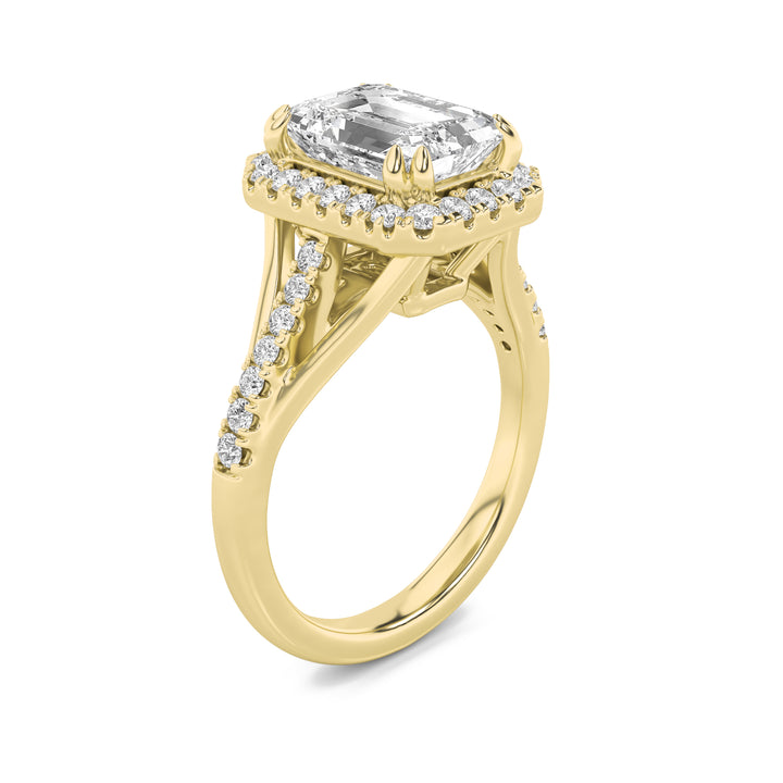 3Cttw Emerald Shaped Lab Grown Diamond (F/VS) Halo Accented Engagement Ring in 14K Gold