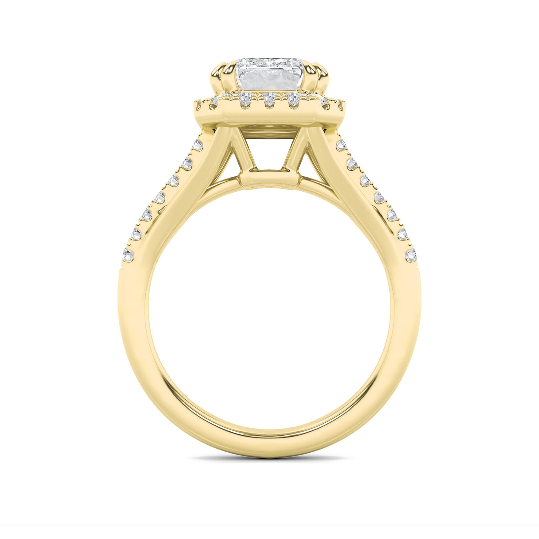 3Cttw Emerald Shaped Lab Grown Diamond (F/VS) Halo Accented Engagement Ring in 14K Gold