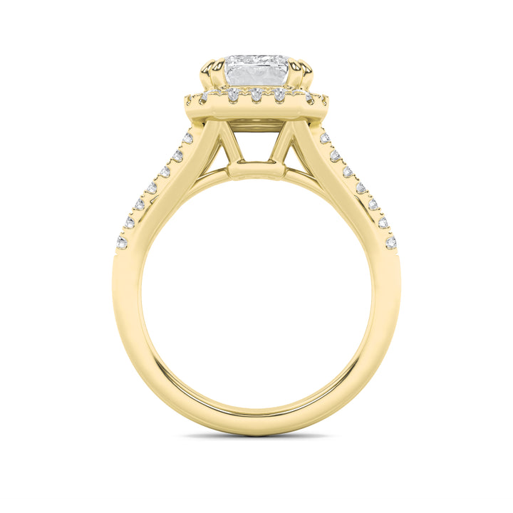3Cttw Emerald Shaped Lab Grown Diamond (F/VS) Halo Accented Engagement Ring in 14K Gold