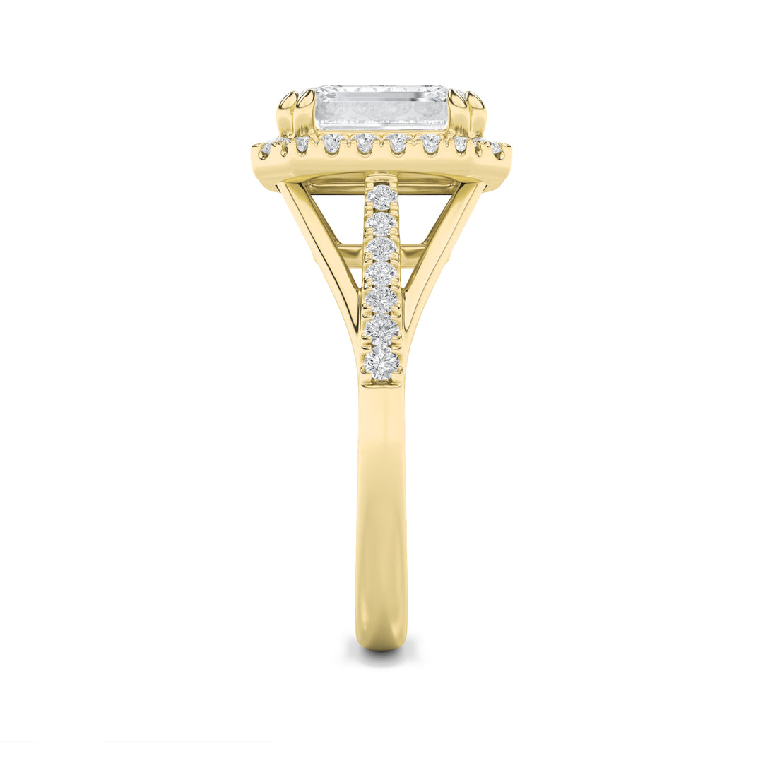 3Cttw Emerald Shaped Lab Grown Diamond (F/VS) Halo Accented Engagement Ring in 14K Gold