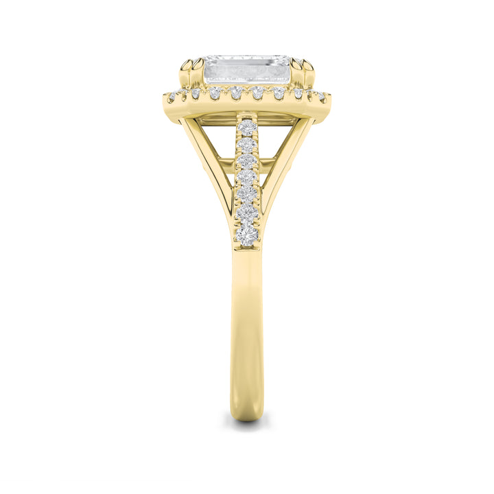 3Cttw Emerald Shaped Lab Grown Diamond (F/VS) Halo Accented Engagement Ring in 14K Gold