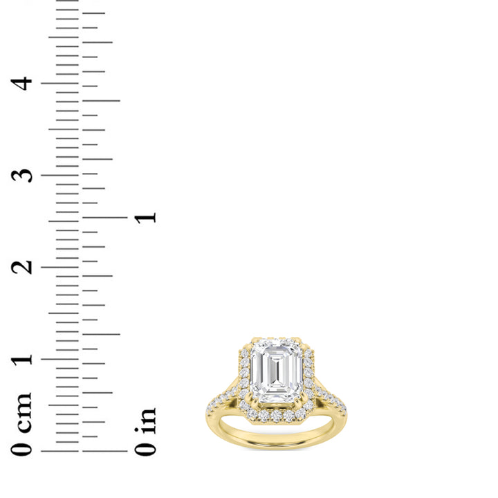 3Cttw Emerald Shaped Lab Grown Diamond (F/VS) Halo Accented Engagement Ring in 14K Gold