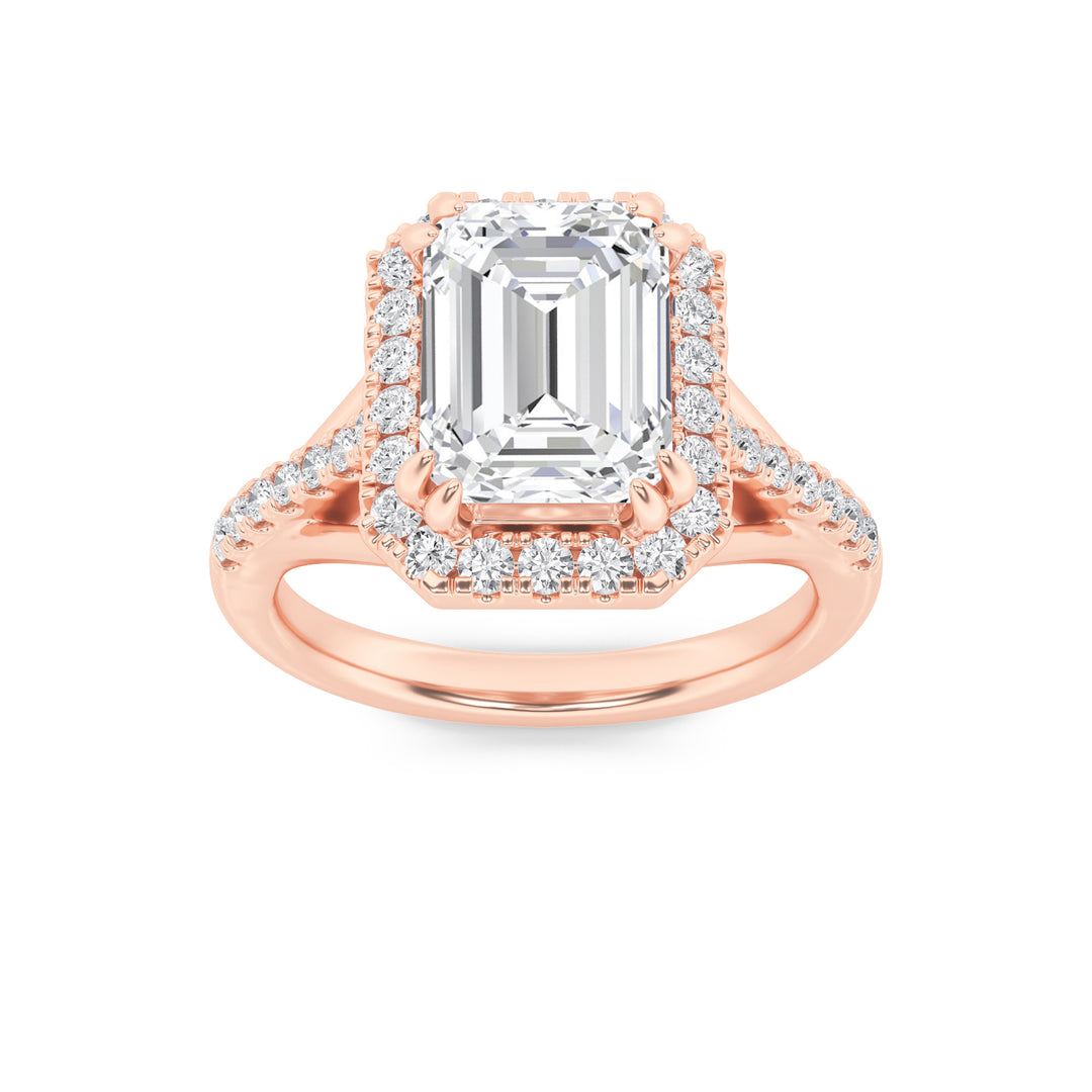 3Cttw Emerald Shaped Lab Grown Diamond (F/VS) Halo Accented Engagement Ring in 14K Gold