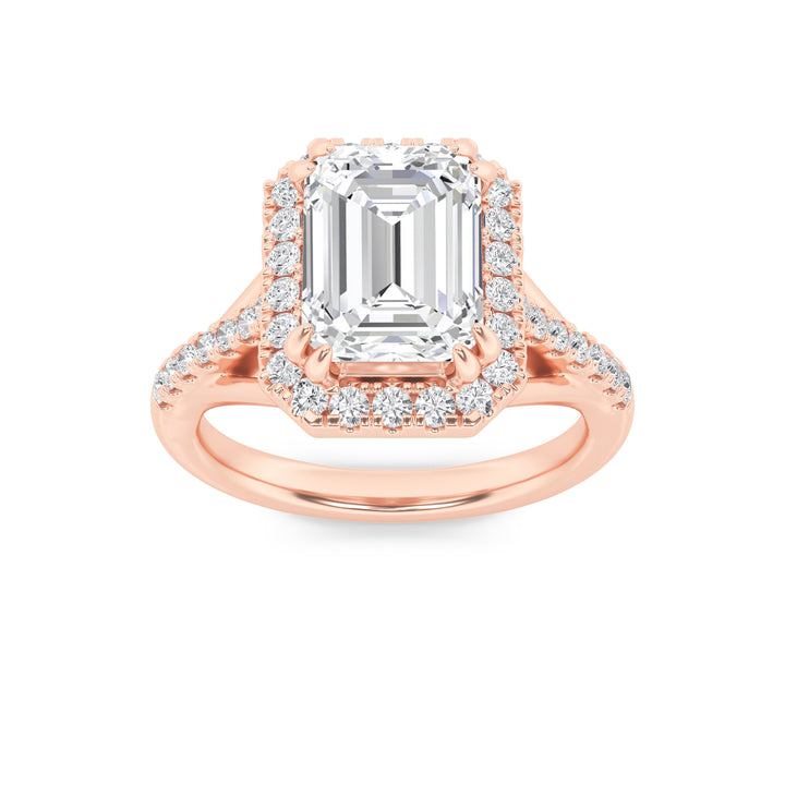 3Cttw Emerald Shaped Lab Grown Diamond (F/VS) Halo Accented Engagement Ring in 14K Gold