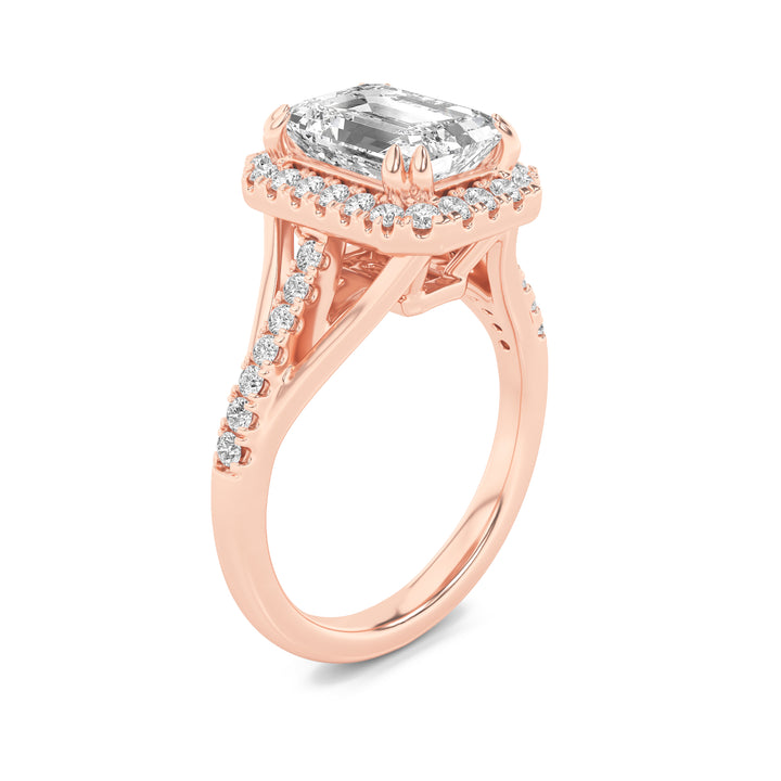 3Cttw Emerald Shaped Lab Grown Diamond (F/VS) Halo Accented Engagement Ring in 14K Gold