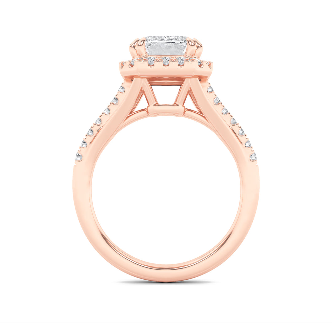3Cttw Emerald Shaped Lab Grown Diamond (F/VS) Halo Accented Engagement Ring in 14K Gold