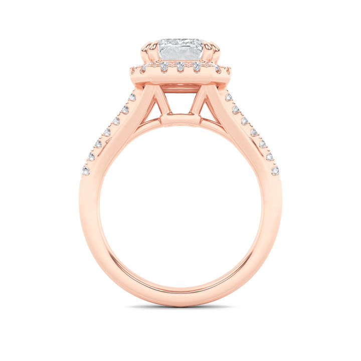 3Cttw Emerald Shaped Lab Grown Diamond (F/VS) Halo Accented Engagement Ring in 14K Gold
