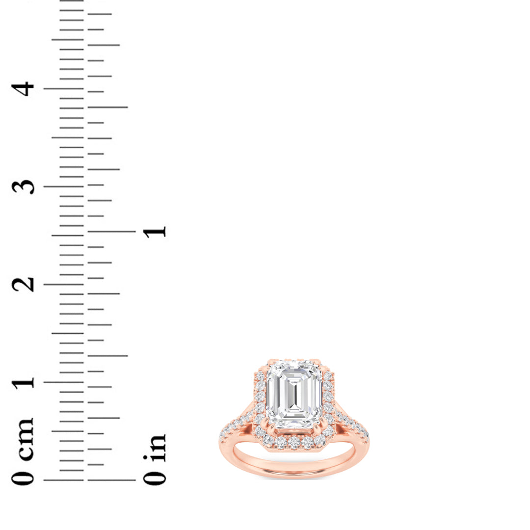 3Cttw Emerald Shaped Lab Grown Diamond (F/VS) Halo Accented Engagement Ring in 14K Gold