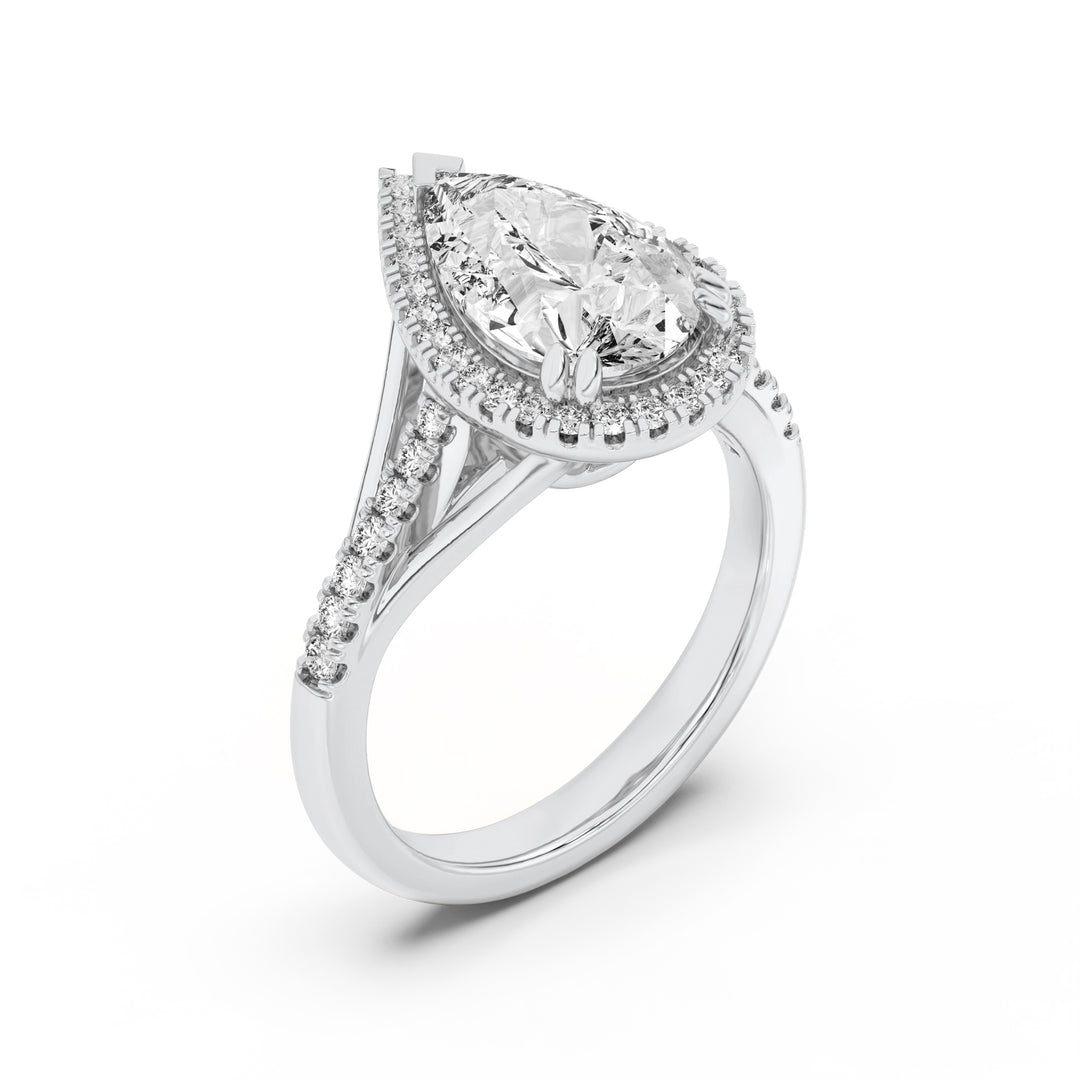 3Cttw Pear Shaped Lab Grown Diamond (F/VS) Halo Accented Engagement Ring in 14K Gold