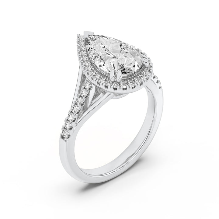 3Cttw Pear Shaped Lab Grown Diamond (F/VS) Halo Accented Engagement Ring in 14K Gold