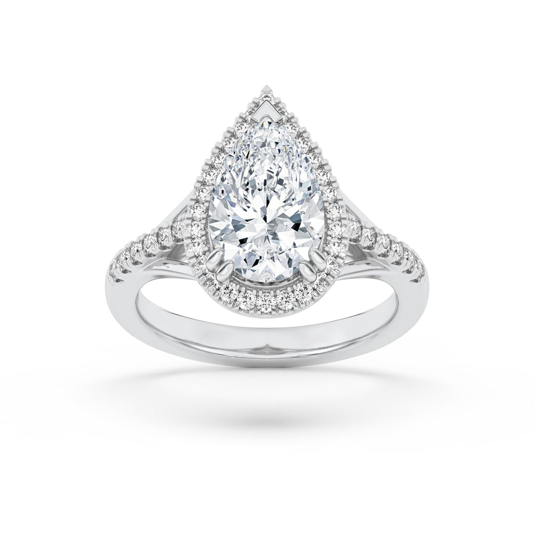 3Cttw Pear Shaped Lab Grown Diamond (F/VVS) Halo Accented Engagement Ring in 14K Gold