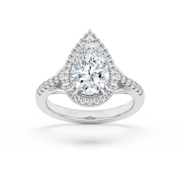 3Cttw Pear Shaped Lab Grown Diamond (F/VVS) Halo Accented Engagement Ring in 14K Gold