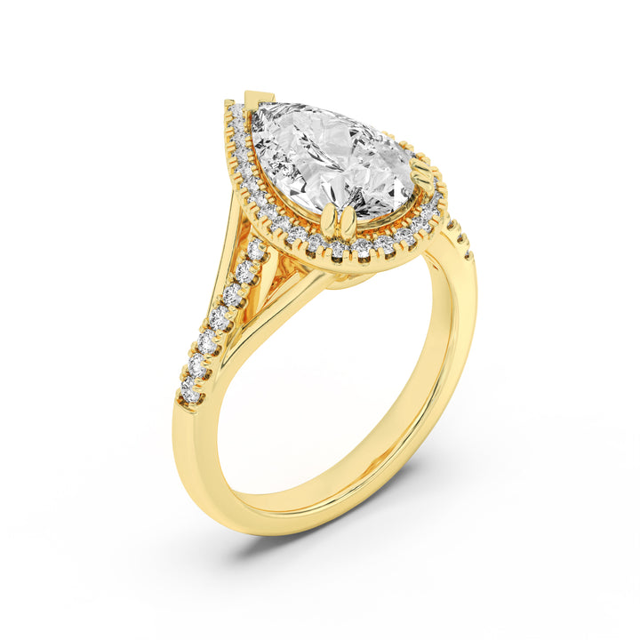 3Cttw Pear Shaped Lab Grown Diamond (F/VS) Halo Accented Engagement Ring in 14K Gold