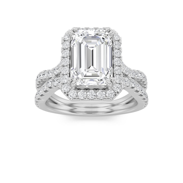 4Cttw Emerald Shaped Lab Grown Diamond (F/VS) Split Shank Halo Engagement Ring in 14K Gold