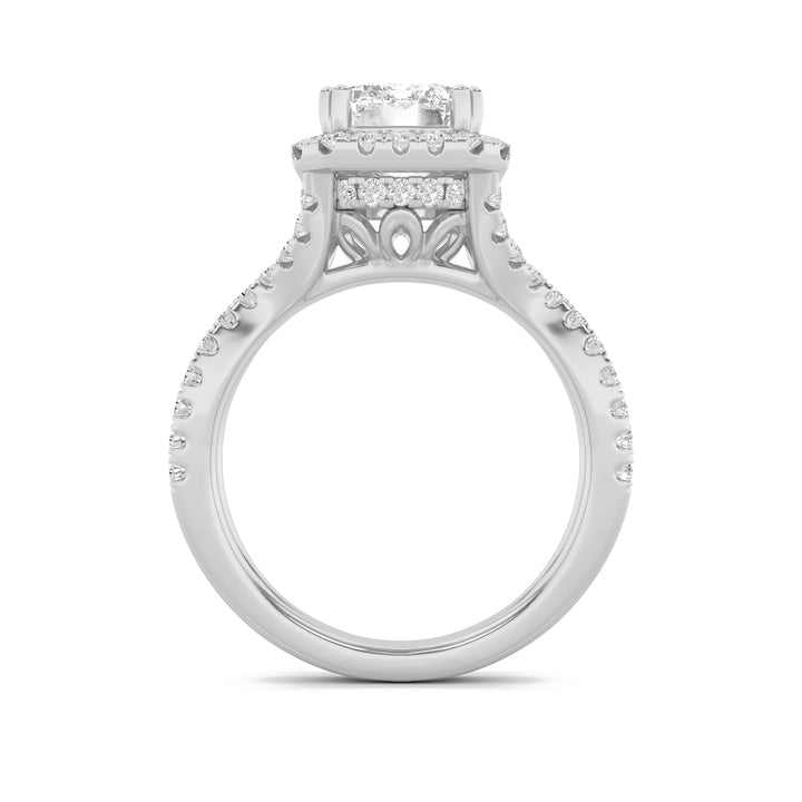 4Cttw Emerald Shaped Lab Grown Diamond (F/VS) Split Shank Halo Engagement Ring in 14K Gold
