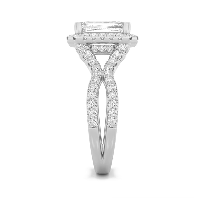 4Cttw Emerald Shaped Lab Grown Diamond (F/VS) Split Shank Halo Engagement Ring in 14K Gold