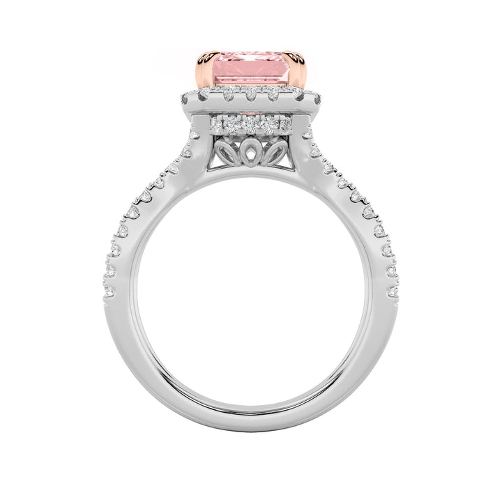 4Cttw Emerald Shaped Lab Grown Diamond (F/VS) Split Shank Halo Engagement Ring in 14K Gold